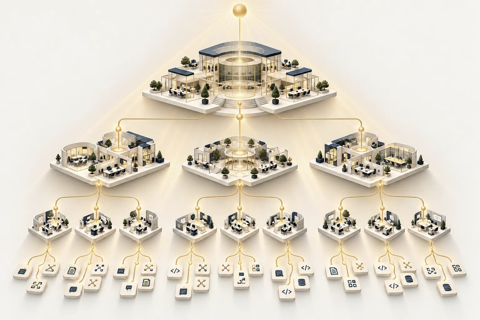An enterprise, its business units, their teams and the work each team runs, lit from the top.